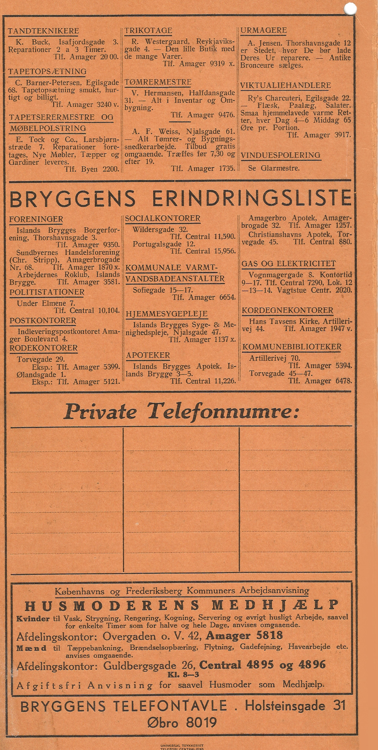 Bryggens telefontavle 1938 bagside