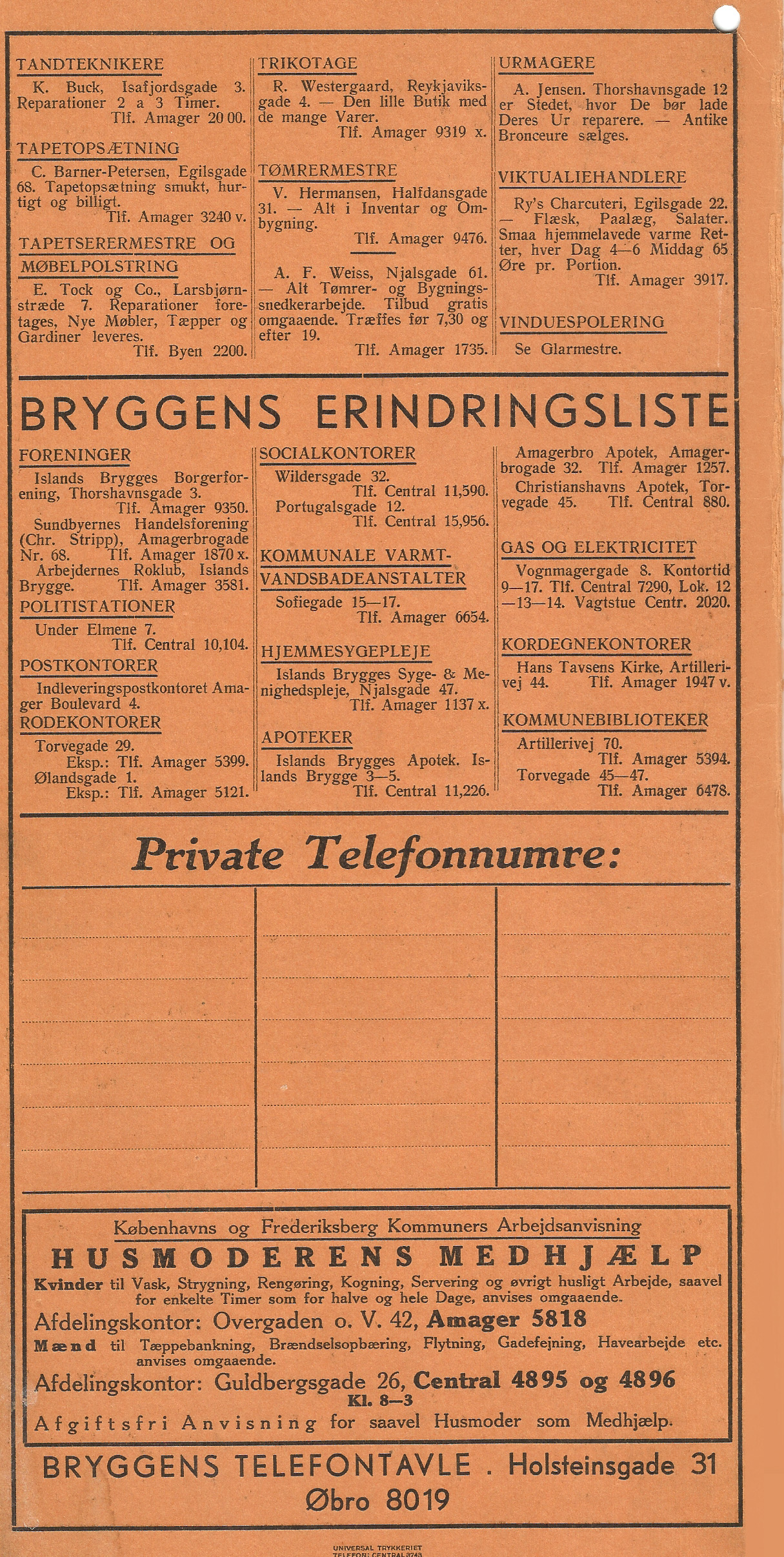 Bryggens telefontavle 1938 bagside Bryggens telefontavle 1938 bagside