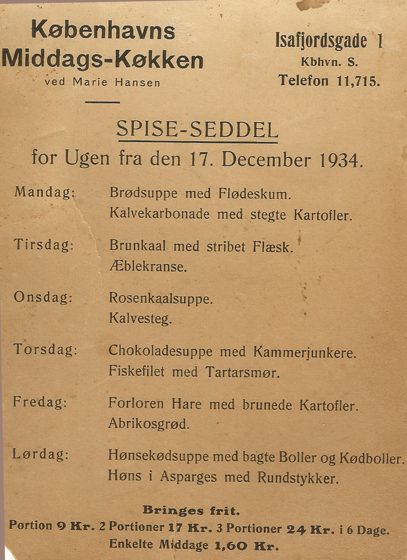 Spise seddel fra Københavns middags køkken i Isafjordsgade 1. Sedlen er fra 1934