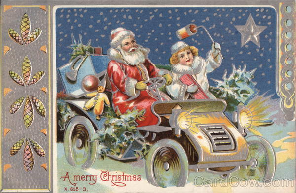 A Merry Christmas - Santa and Child in a Vintage Car